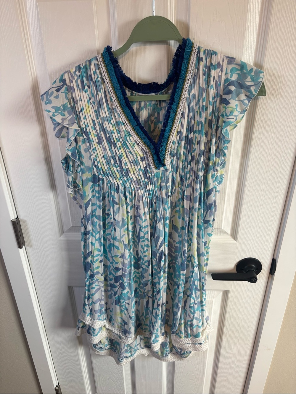 Blue Floral Ruffle Sleeve Dress with Trim